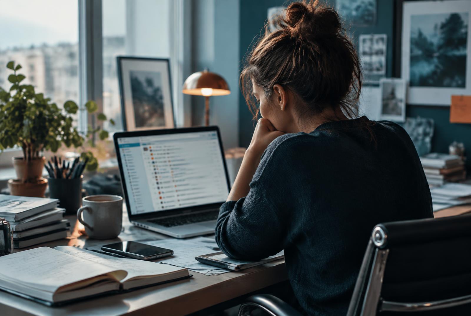 Professionnelle concentrée face à une boîte de réception très chargée